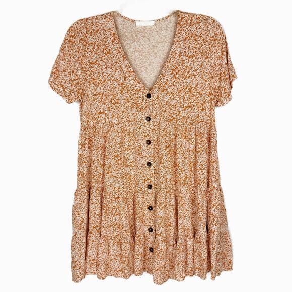 Ces Femme Orange Floral Boho Tiered Button Up Mini Relaxed Fit Dress Sz Medium - Picture 1 of 9